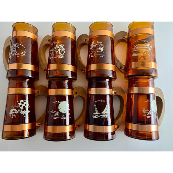 Vintage Amber Glass Beer Mugs Set of 8 – Sports Motif, 1960s Retro Barware - Picture 2 of 10